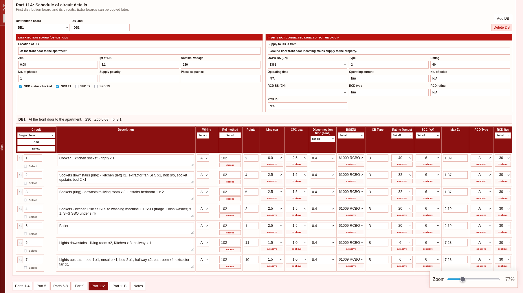 The Electricians Assistant EICR schedule screenshot